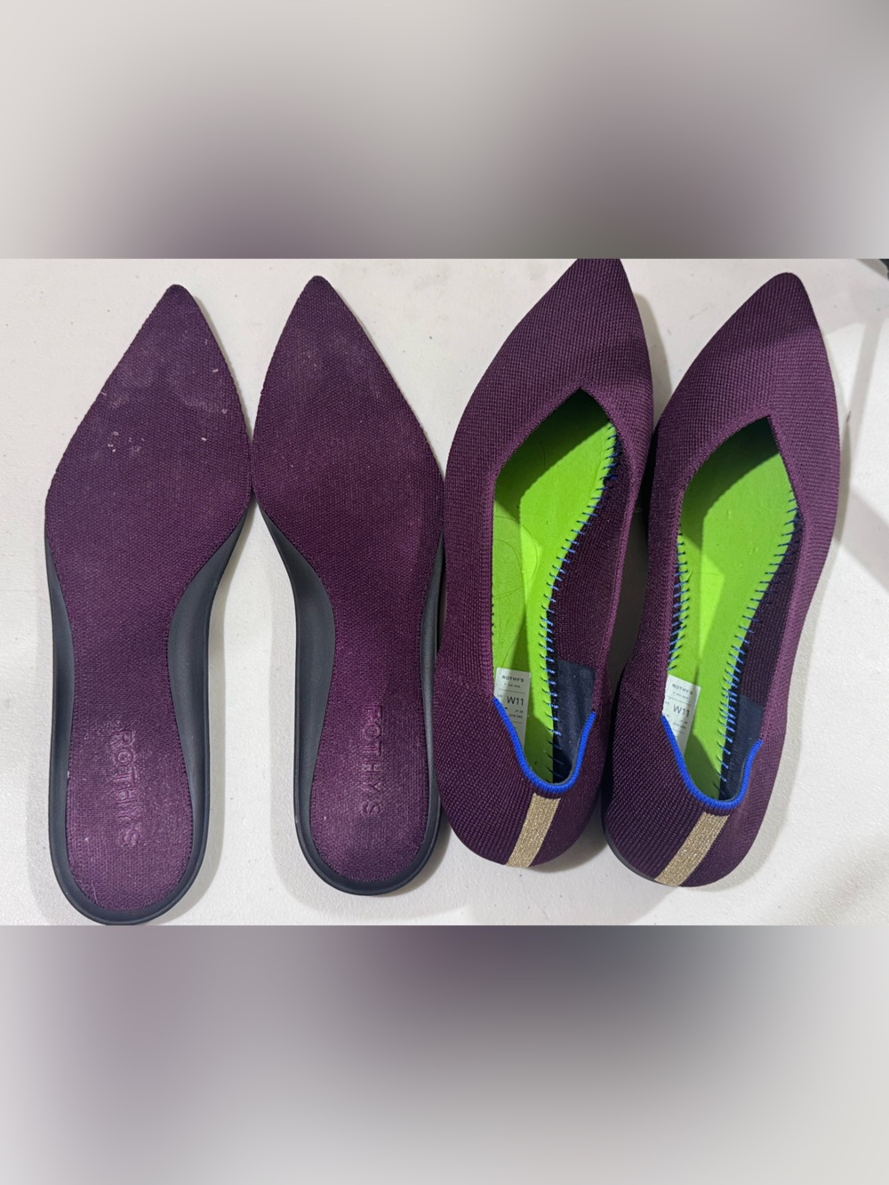 Rothy's Plum Pointed-Toe Knit Flats with Lime Green Insole and Blue Trim